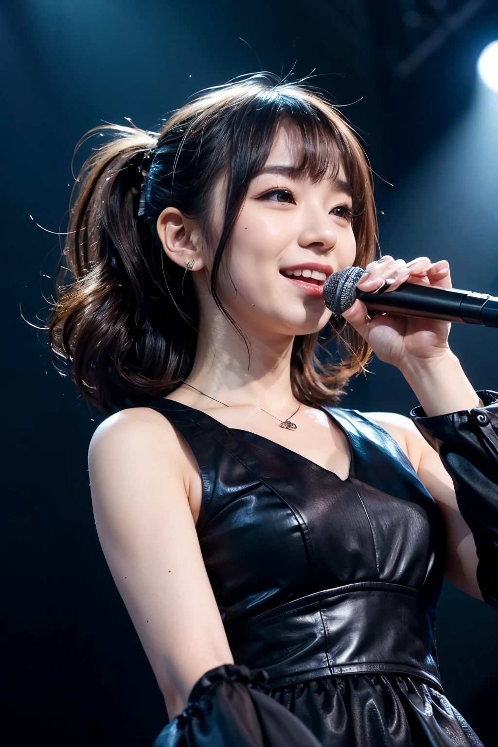 realistic, on the stage of the concert, brightly lit by spotlights on the stage, extremely bright lighting, singing in front of stand microphone, wearing black dress, a little exposed a chest, medium-length bronde hair, hair is blowing in the wind, hair is shaggy and dishevelled, beautiful white-colored translucent skin, sweat splashes, slendar figure, heavy and vivid makeup, small nose, smooth shaped jawline, glossy face, heavy flushed cheeks, big smile, close up shot