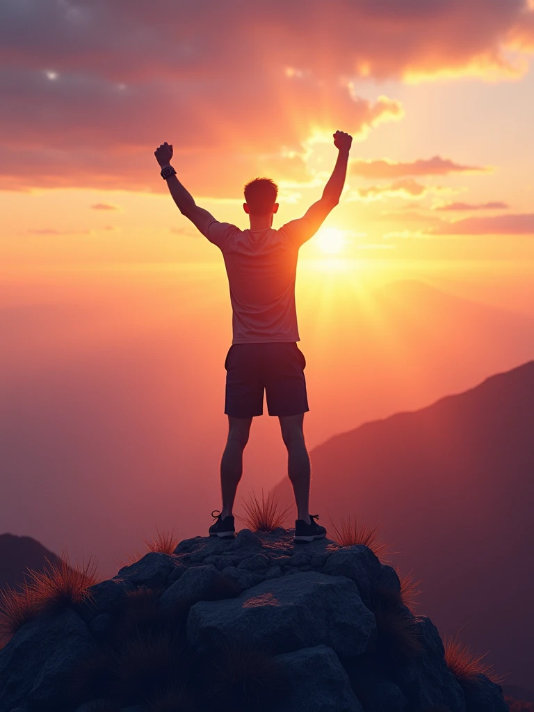 Une scène dynamique et inspirante d'une personne debout triomphalement au sommet d'une montagne au lever du soleil, symbolisant la réalisation d'un objectif important. La personne, vêtue d'un équipement de sport, lève les bras en signe de victoire, avec un regard de détermination et d'accomplissement sur son visage. Le vaste paysage s'étend en contrebas, avec un ciel clair qui s'éclaircit progressivement lorsque les premières lueurs de l'aube touchent l'horizon. Les couleurs du ciel se mélangent des violets profonds aux oranges vibrants, ajoutant un sentiment d'espoir et de nouveaux départs. En arrière-plan, il y a des allusions subtiles aux défis précédents, comme des chemins rocailleux et des pentes raides, soulignant l'effort qu'il a fallu pour atteindre ce point.
