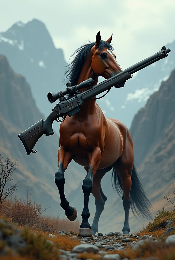A horse holding a sniper gun