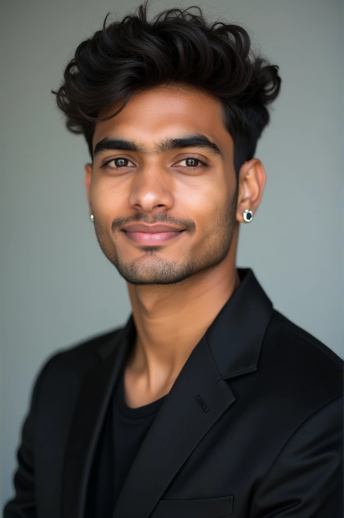 21 year old indian boy With fair skin without beard with dimple curly hairs sharp jaw line and narrow body Posing for a linkedin picture in formals in black blazer earring in ear