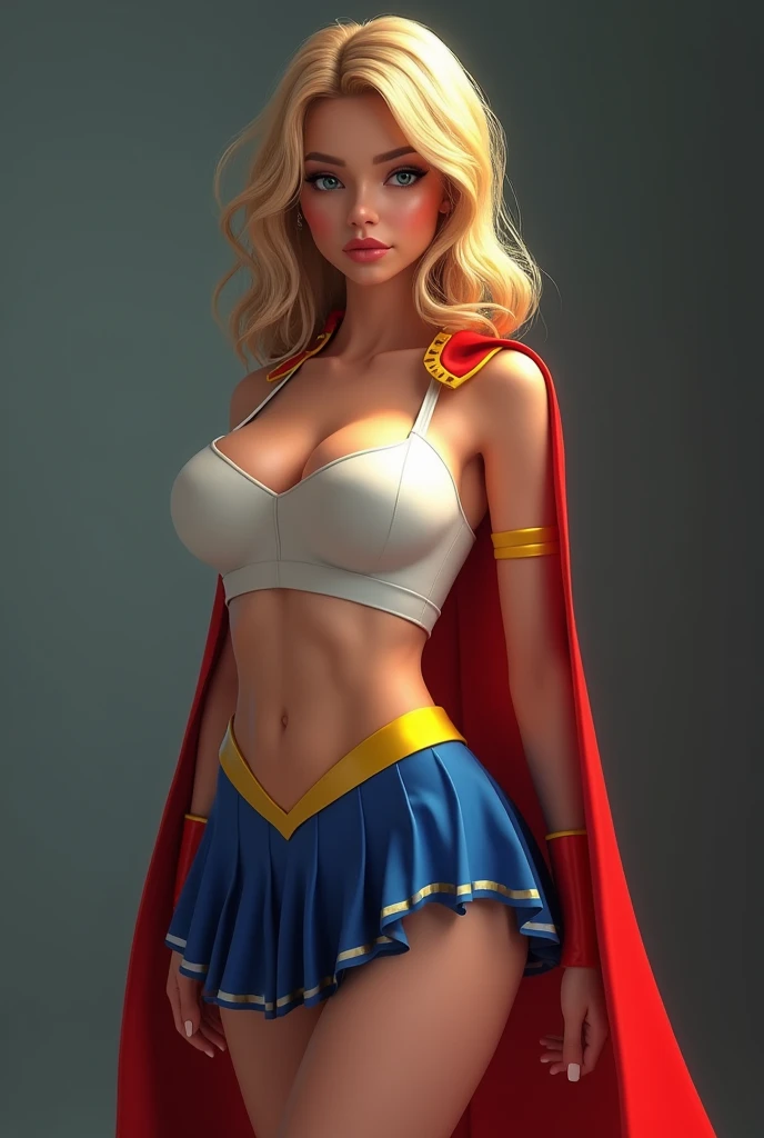 A Y TEEMALE WITH GIGANTIC BOOBS:1REAMY BLUE EYES AND MEDIUM MESSY GOLDEN BLONDE HAIR WEARING A CLASSIC WHITE SUPERGIRL LONG-SLEEVED CROP=TOP COSTUME, A SHORT BLUE PLEATED SKIRT WITH A YELLOW SUPERGIRL BELT, RED HIGH HEELED SUPERGIRL BOOTS, AND SHORT RED SUPERGIRL CAPE WITH YELLOW TRIM. , incredibly detailed skin and eyes, seductive poses, 8K resolution, masterpiece, ultra-detailed, semi-realistic, photo-realistic.
