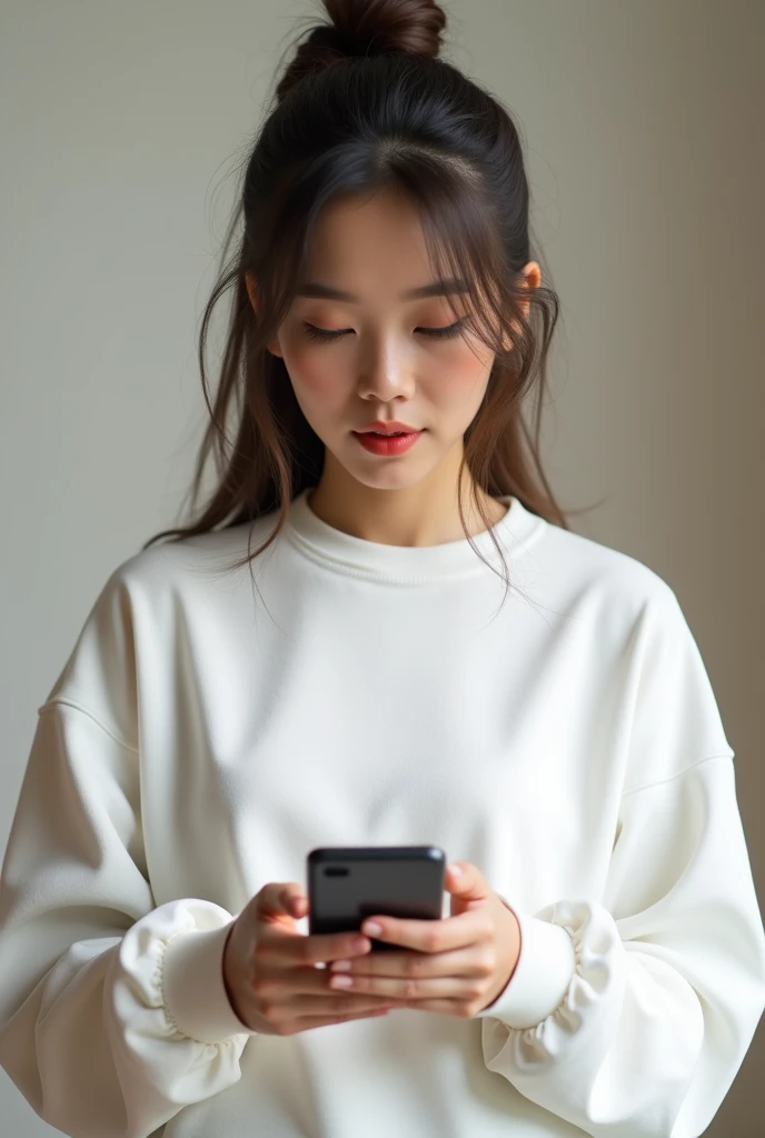 girl with phone wearing a white sweatshirt