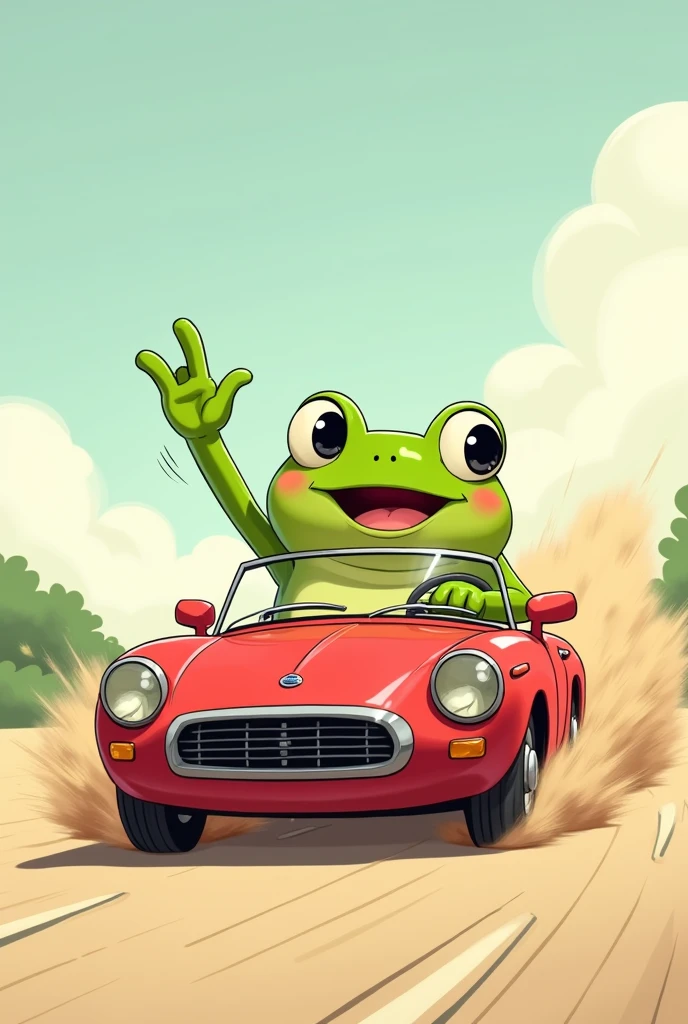 Give me an animated illustration of a green frog waving his hand while driving a red tsuru car and skidding