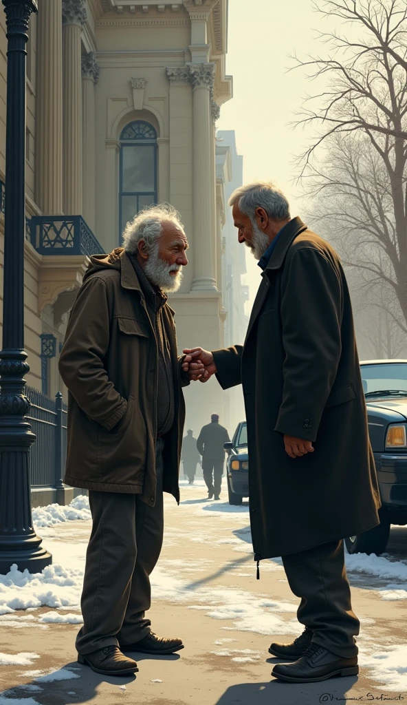 Mr. John is an elderly man in his late 70s, with a frail, thin frame. His face is weathered from years of hardship, with deep lines etched into his skin. He wears tattered clothes—an old jacket with holes, thin pants, and worn-out shoes. His beard is scruffy, and his hair is unkempt, showing the signs of living a difficult life on the streets. Illustrate the moment when Mr. Harris, moved by Mr. John’s plight, promises to bring him something warm. Capture Mr. John’s hopeful reaction and Mr. Harris’s departure into the mansion.
