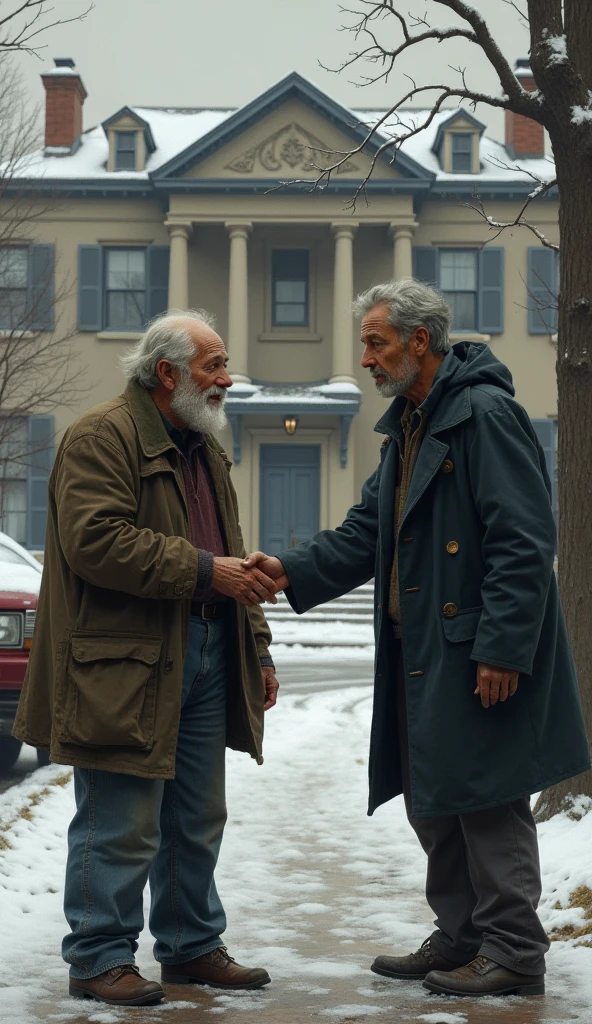 Mr. John is an elderly man in his late 70s, with a frail, thin frame. His face is weathered from years of hardship, with deep lines etched into his skin. He wears tattered clothes—an old jacket with holes, thin pants, and worn-out shoes. His beard is scruffy, and his hair is unkempt, showing the signs of living a difficult life on the streets. Illustrate the moment when Mr. Harris, moved by Mr. John’s plight, promises to bring him something warm. Capture Mr. John’s hopeful reaction and Mr. Harris’s departure into the mansion.