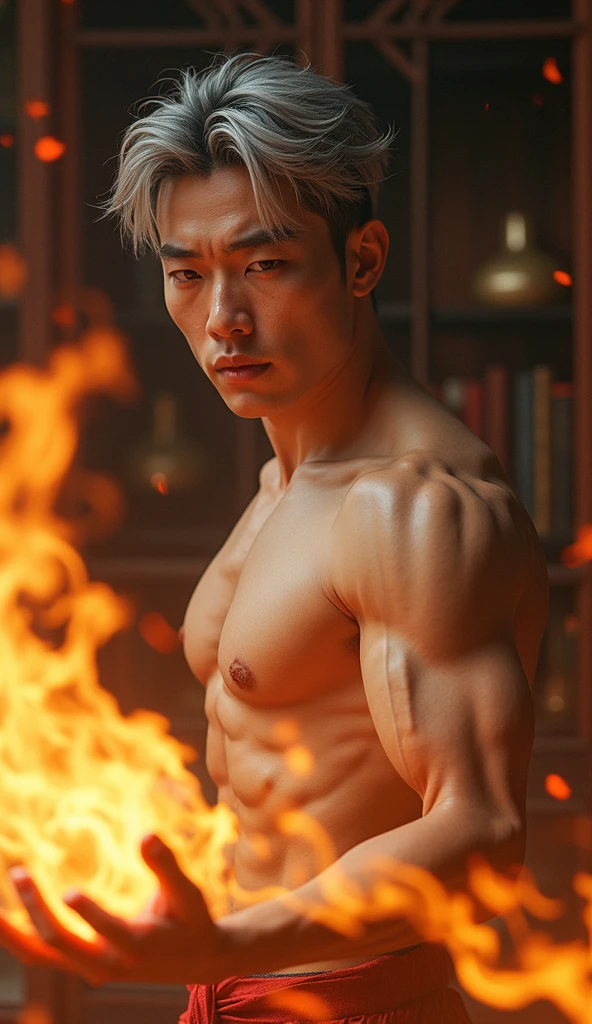 Realist, tmasterpiece, Complicated details, detailedbackground, depth of fields, musculous, Korean magister handsome photo, (Young Korean man looks like K-pop idol), 2 old, (Short gray hair), Sexy crotch, Fire spells, magister, Sexy muscles, Naked,fill,musculous body,Rough skin texture,Strong masculine characteristics,Wearing a tong, focal, pyromania, white skinned, pale nipples,(8k,tmasterpiece,The best quality,A high resolution,ultra - detailed), wearing nothing, completely naked expose his huge penis, long big dick masturbate, the most perfect penis erecting , Realistic, fully naked,