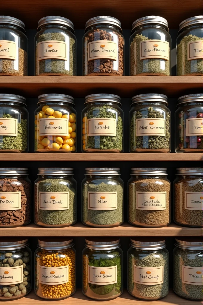 Jars filled with various dried herbs and covered with lids