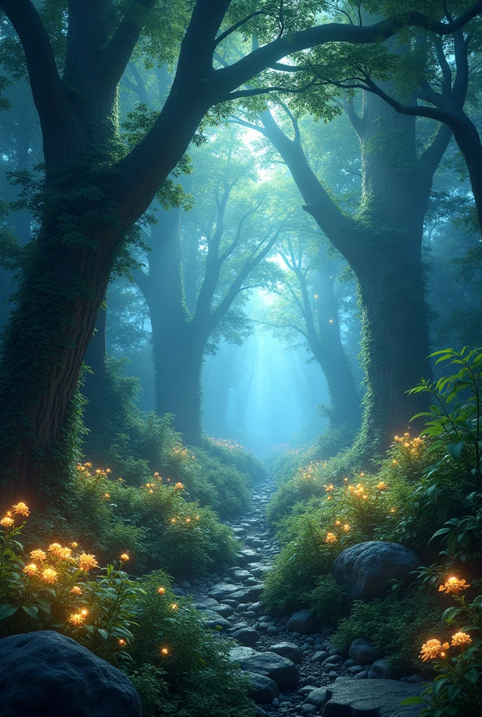 A dense, magical forest with towering, ancient trees and bioluminescent flora. The undergrowth is alive with softly glowing plants and flowers. The forest floor is covered in a soft, shimmering mist, and the entire scene is bathed in a gentle, otherworldly light that highlights the magical nature of the forest