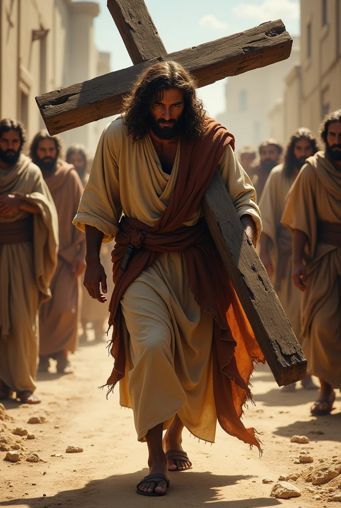 Jesus Christ carrying a heavy wooden cross
