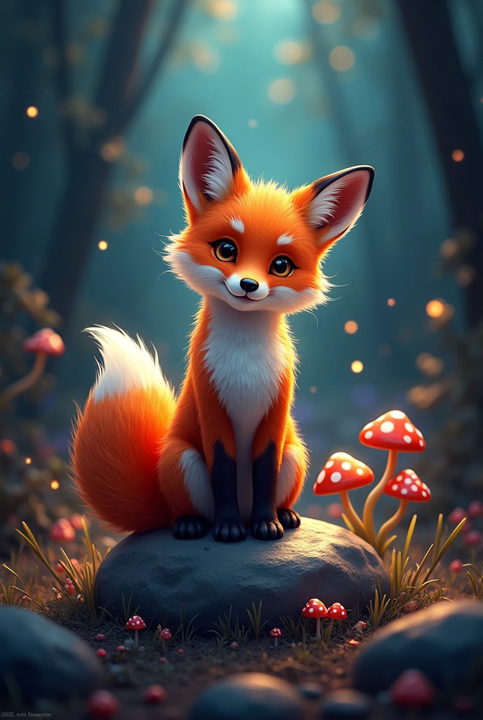 Cute fox,sitting on rock,black Background,spotlight,comic,Steampunk,cinema stil, bokeh,mushrooms,glowing outlines,Pop Art stil