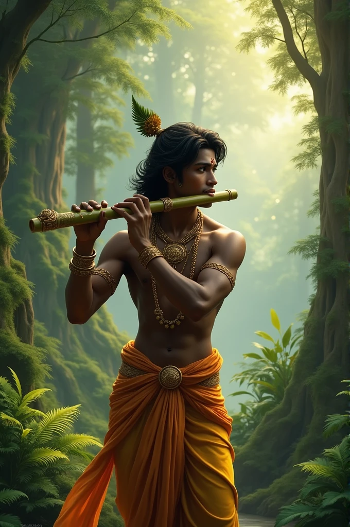 Create a lord krishna playing flute in forest 
