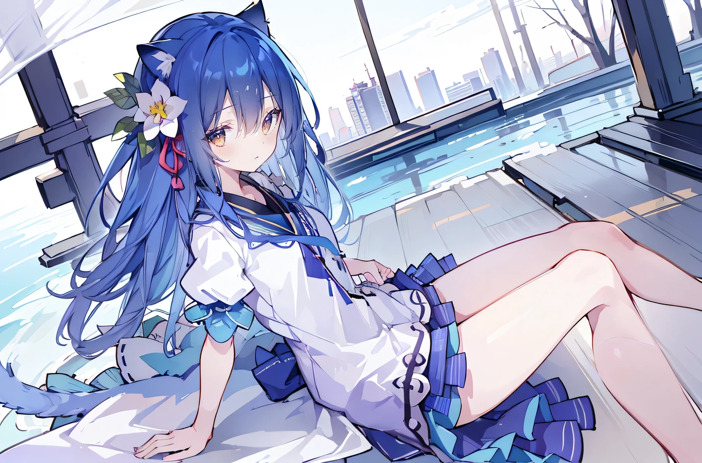 (masterpiece:1.2),Ultra-detailed,lifelike,The eyes are expressive,Fair skin,Perfect face shape,1 girl,
Japanese Manga,Gorgeous blue hair,Flowing blue hair,Flowing clothes,Cat's ears,Petals falling,Beautiful Lola,little angel,
Cross your legs,Gentle and peaceful background,The pavilion is cool and comfortable,Smile,Tokyo background,background,snow,winter,Back。