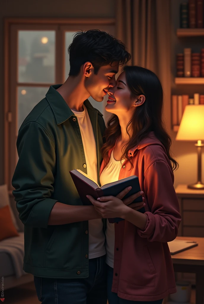 A couple together, each one holding their own book. He kisses her neck. She is smiling.
