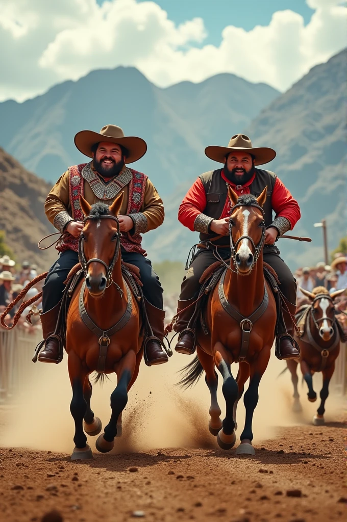 Create two fat men dressed as Chilean huasos riding after a cow in a Chilean rodeo that are fat