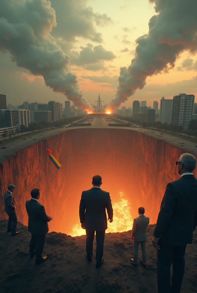 Create an image of Brasília-DF being sucked into an abyss on the ground while politicians laugh and watch from afar and all of them holding an LGBT flag