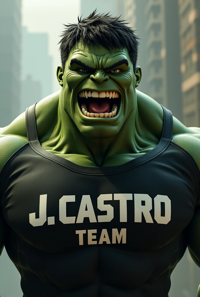 The Incredible Hulk wearing a black shirt with the words "J.Castro team" and laughing