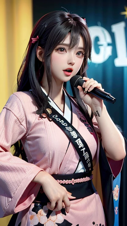 a beautiful and cute girl in a band, wearing a flashy patterned haori hakama with black hair with pink inner short twin tails, holding a bass guitar and singing