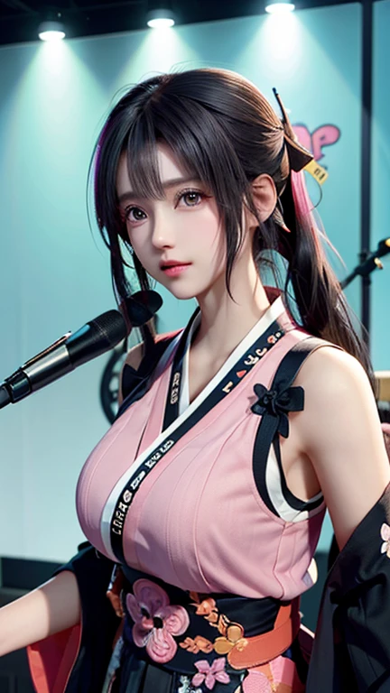 a beautiful and cute girl in a band, wearing a flashy patterned haori hakama with black hair with pink inner short twin tails, holding a bass guitar and singing