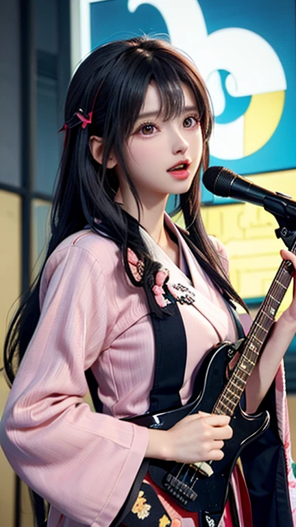 a beautiful and cute girl in a band, wearing a flashy patterned haori hakama with black hair with pink inner short twin tails, holding a bass guitar and singing