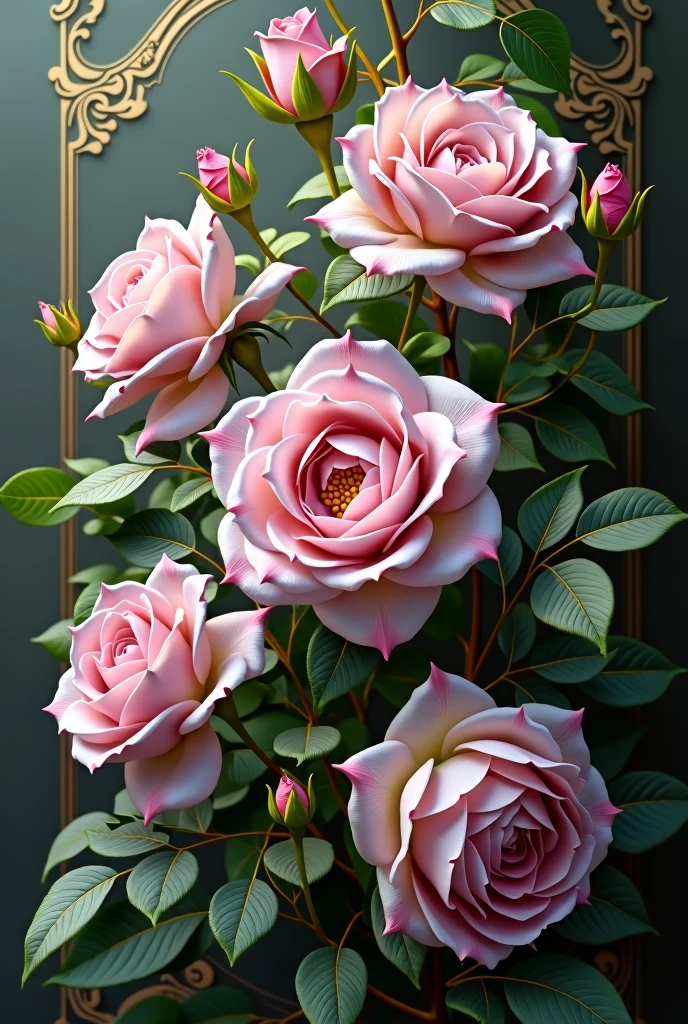 Rose flowers in pink and lilac colors in different shapes, with green leaves in different poses, 3 images in different angles baroque style No
