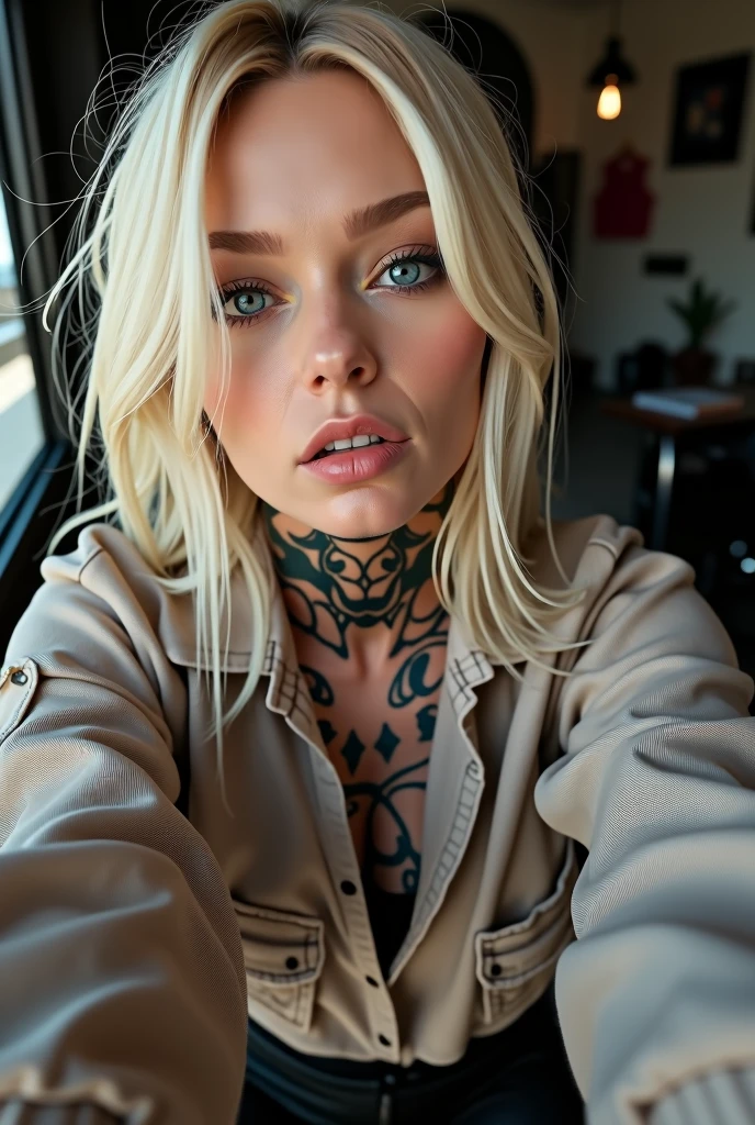 selfie, wink, cute baby-face woman, attractive and seductive expression, shy, blonde straight hair, forehead, make-up, blue eyes, superlative body proportion, covered in tattoos, wearing loose knit shirt, tight fitting leather pants, engineer boots, artistic, hyper, graphic CG digital art
