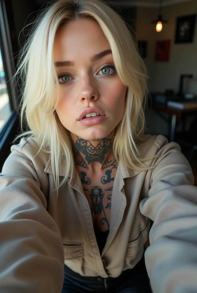 selfie, wink, cute baby-face woman, attractive and seductive expression, shy, blonde straight hair, forehead, make-up, blue eyes, superlative body proportion, covered in tattoos, wearing loose knit shirt, tight fitting leather pants, engineer boots, artistic, hyper, graphic CG digital art
