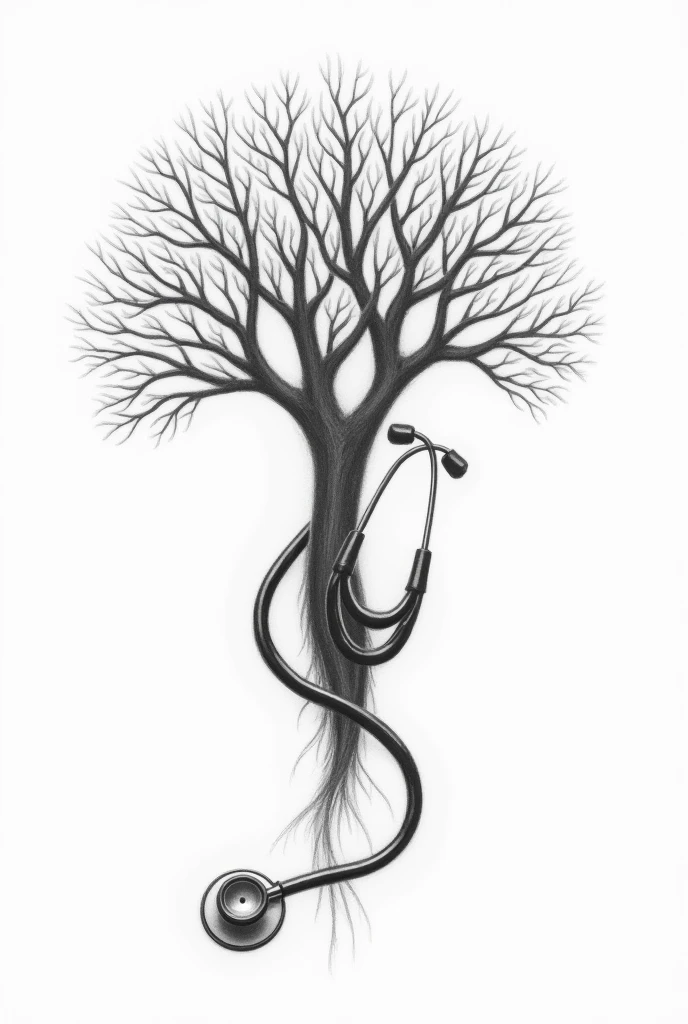 Stethoscope and a symbol of life of tree black and white pencil sketch