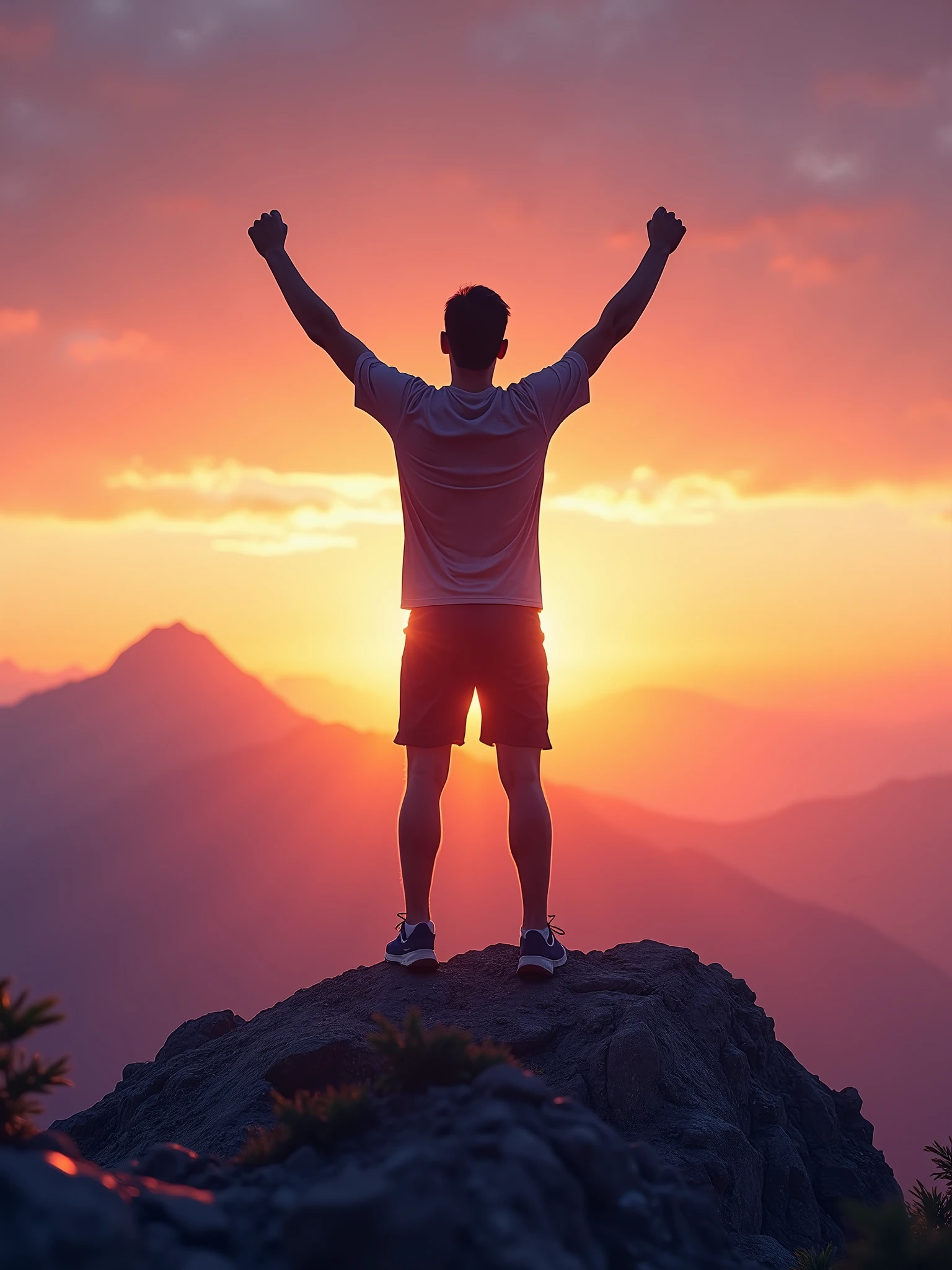 Une scène dynamique et inspirante d'une personne debout triomphalement au sommet d'une montagne au lever du soleil, symbolisant la réalisation d'un objectif important. La personne, vêtue d'un équipement de sport, lève les bras en signe de victoire, avec un regard de détermination et d'accomplissement sur son visage. Le vaste paysage s'étend en contrebas, avec un ciel clair qui s'éclaircit progressivement lorsque les premières lueurs de l'aube touchent l'horizon. Les couleurs du ciel se mélangent des violets profonds aux oranges vibrants, ajoutant un sentiment d'espoir et de nouveaux départs. En arrière-plan, il y a des allusions subtiles aux défis précédents, comme des chemins rocailleux et des pentes raides, soulignant l'effort qu'il a fallu pour atteindre ce point.