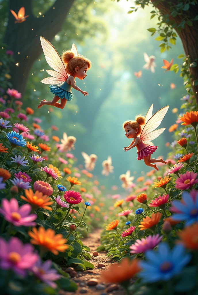 Colorful flowers, sparkling stones, and laughing fairies decorating the garden."