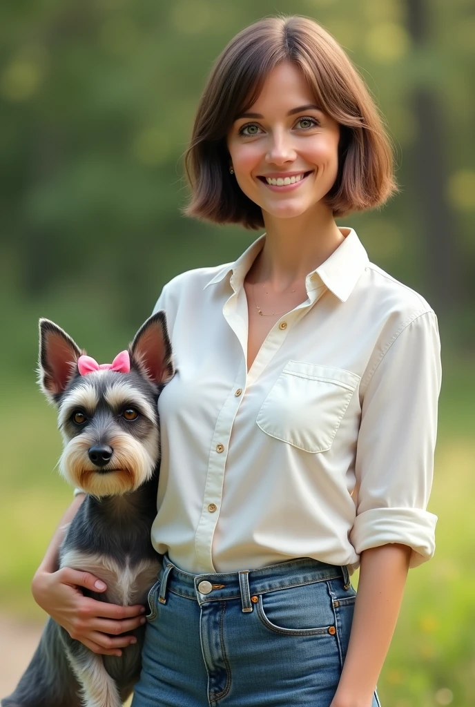 55 year old green-eyed woman with short brown square hair without bangs dressed in jeans and a white shirt accompanied by a salt and pepper mini schnauzer with a pink bow on her ears