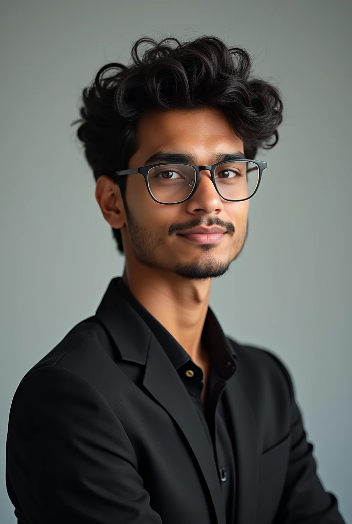 21 year old indian boy With fair skin without beard with dimple curly hairs sharp jaw line and narrow body Posing for a linkedin picture in formals in black blazer earring in ear with specs’s 