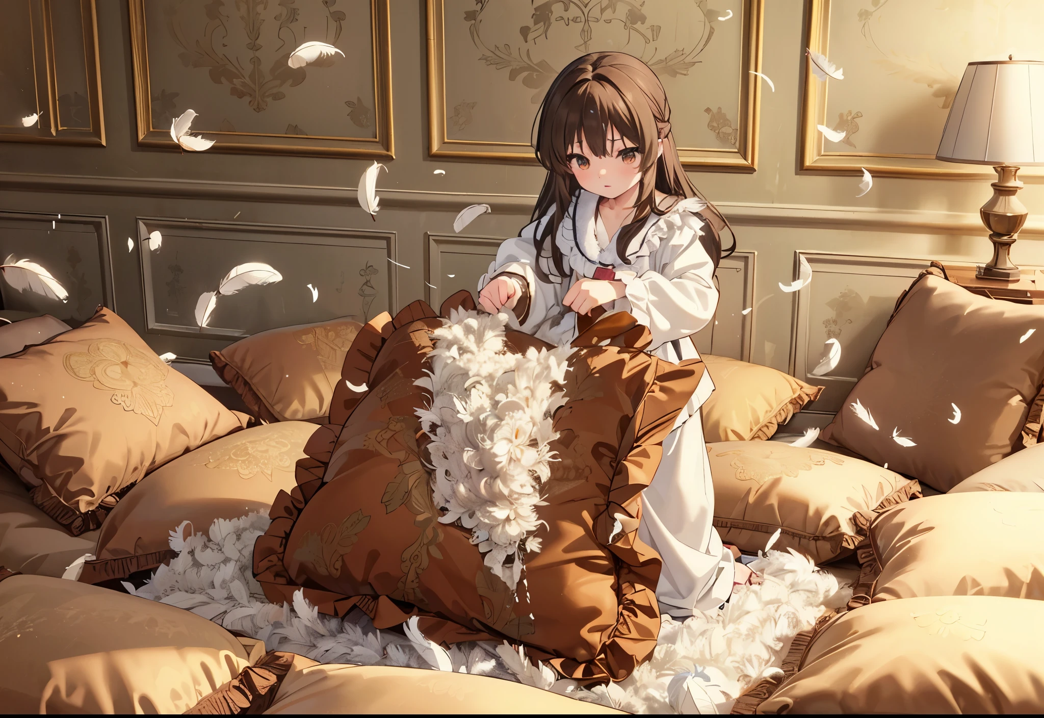 (best quality， masterpiece) , details, (Light and shadow oxtail) , Cute girl posing on pillow ，Pillow, Upholstered，Soft pillow，（Pillow），The love surrounding the protagonist，steam，(Luxury Pillow），（Gorgeous pattern pillow），luxurious pillow, standing,（Love around the protagonist），（pillow）, frilled pillow   , 1 pillow, standing on a top of pillow, on pillow, big pillow, fluffy pillow, pillow damage, stomping pillow, stomping, pillow on floor, stepping on pillow, posing on top pillow, full body, pillow on floor, (((feathers))), pillow destroy, ripping pillow, tearing pillow in half, feathers everywhere, cotton, stuffing pillow, tachibana_arisu_theidolmastercinderellagirlsu149, brown_hair, long_hair, brown_eyes, bow, hair_bow, blue_bow, bangs