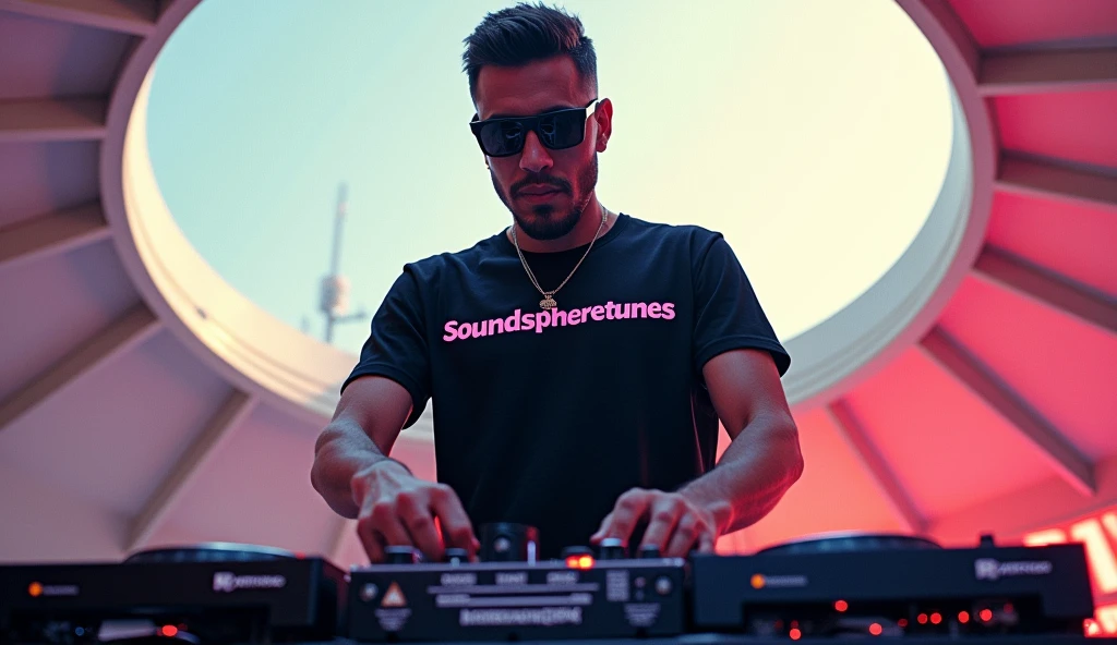 A DJ dome with sunglasses and a t-shirt black that says SoundSphereTunes