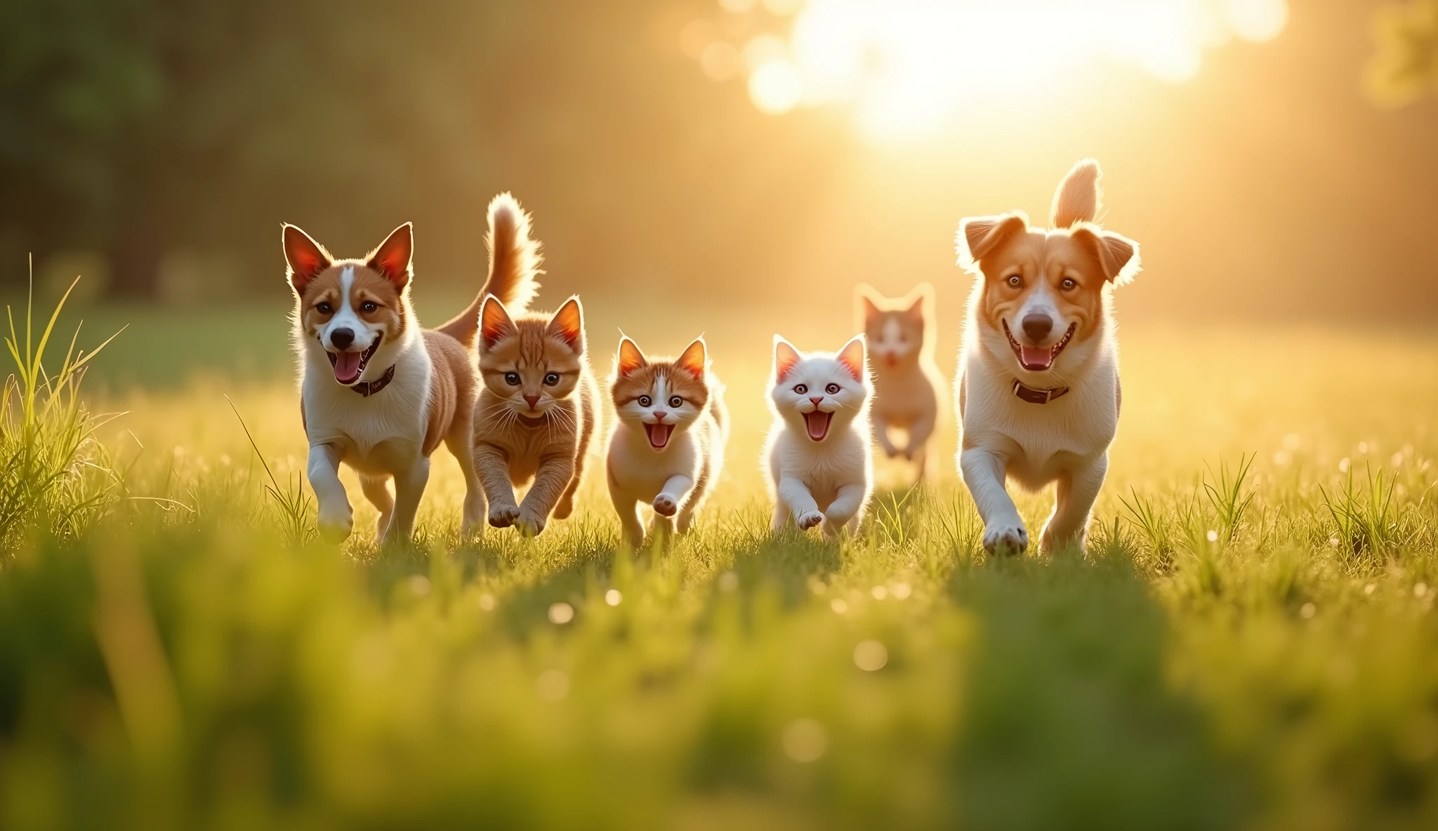 The early morning scene unfolds with a bright and clear light illuminating the peaceful meadow. Three playful dogs and five agile cats are vividly visible as they dart through the dew-covered grass, their joyful barks and gentle meows resonating in the fresh morning air. The happy companions revel in their carefree romp, with their tails wagging and fur shimmering in the soft morning light. The scene is a heartwarming display of camaraderie and pure, unbridled happiness as the cats and dogs play together, creating a charming tableau of morning bliss. The image is bathed in bright, natural light that enhances every detail with stunning clarity—each whisker, strand of fur, and blade of grass is rendered with ultra-realistic precision. The overall atmosphere is one of pure joy and serenity, making it a captivating and vivid visual experience. Landscape, Realistic, Realism, masterpiece, accurate, anatomically correct, super detail, high details, high quality, award-winning, best quality, highres, HD, 4K, UHD, masterpiece, accurate, anatomically correct, super detail, high details, high quality, award-winning, best quality, highres.