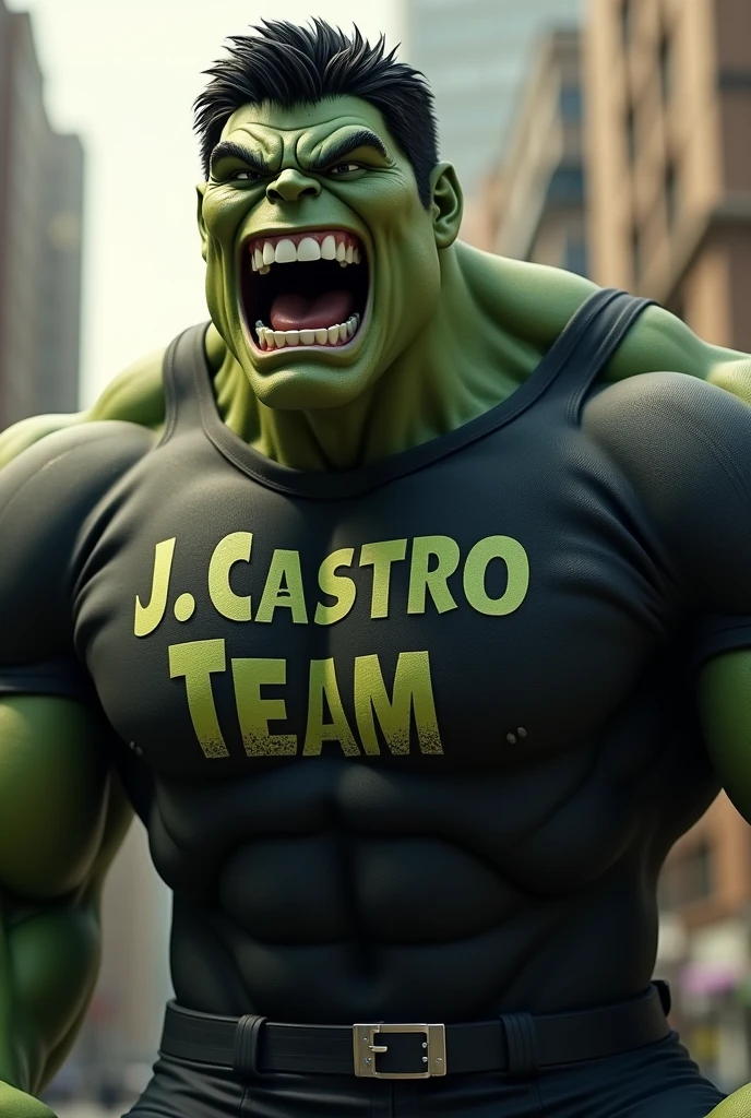 The Incredible Hulk wearing a black shirt with the words "J.Castro team" and laughing