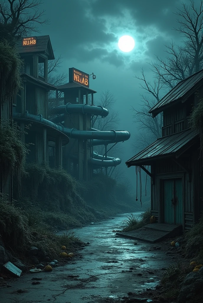 abandoned water park at night