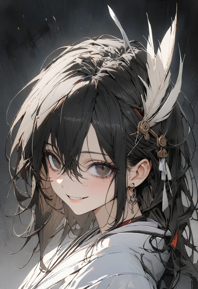1 woman, striped hair, long black hair, hair between eyes, moles under the eyes, blank eyes, (one white feather on one's head), smile, high detail, conceptual art, japanese cartoon movies, gothic art, masterpiece, super detail, high details, high quality, best quality