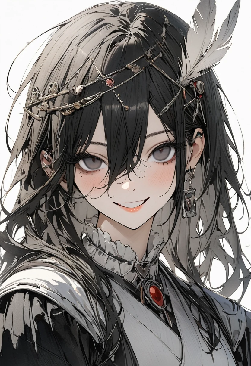 1 woman, striped hair, long black hair, hair between eyes, moles under the eyes, blank eyes, (one white feather on one's head), smile, high detail, conceptual art, japanese cartoon movies, gothic art, masterpiece, super detail, high details, high quality, best quality