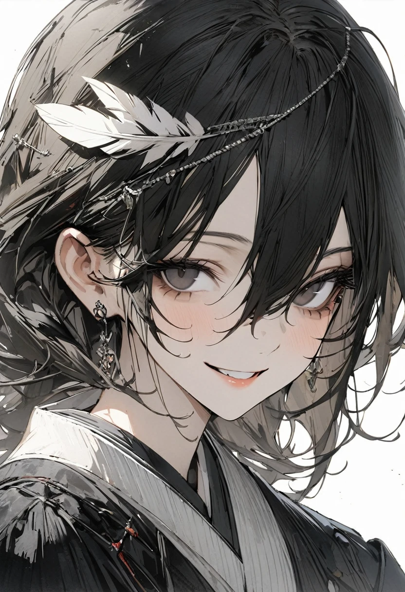 1 woman, striped hair, long black hair, hair between eyes, moles under the eyes, blank eyes, (one white feather on one's head), smile, high detail, conceptual art, japanese cartoon movies, gothic art, masterpiece, super detail, high details, high quality, best quality