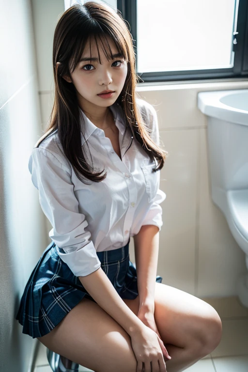masterpiece, best quality, illustration, Super detailed, fine details, High resolution, 8K,wall paper, perfect dynamic composition,(Details High quality, realistic depiction of eyes:1.3), (urinal)、(white school shirt :1.2), (plaid skirt :1.3), large breasts, expresses the roundness and softness of your chest, Don't expose it、Disturbed uniform, black hair color, Big Natural Color Lip, perfect body shape, crying a little、Harajuku style、20 year old girl、cute type, beautiful legs, Gravure Idol,((はち切れんばかりの胸))