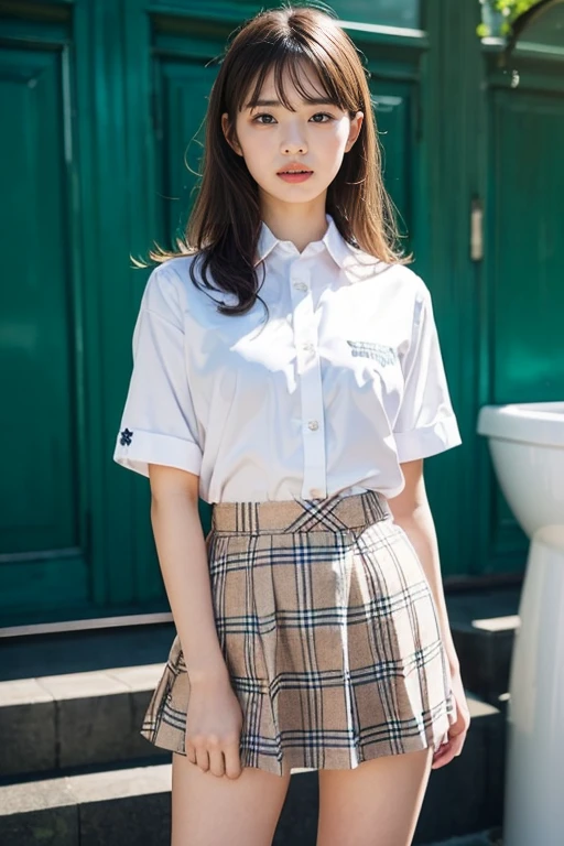masterpiece, best quality, illustration, Super detailed, fine details, High resolution, 8K,wall paper, perfect dynamic composition,(Details High quality, realistic depiction of eyes:1.3),  (urinal)、(white school shirt :1.2), (plaid skirt :1.3), large breasts, expresses the roundness and softness of your chest, Don't expose it、Disturbed uniform, black hair color, Big Natural Color Lip, perfect body shape, crying a little、Harajuku style、20 year old girl、cute type, beautiful legs, Gravure Idol,((はち切れんばかりの胸))