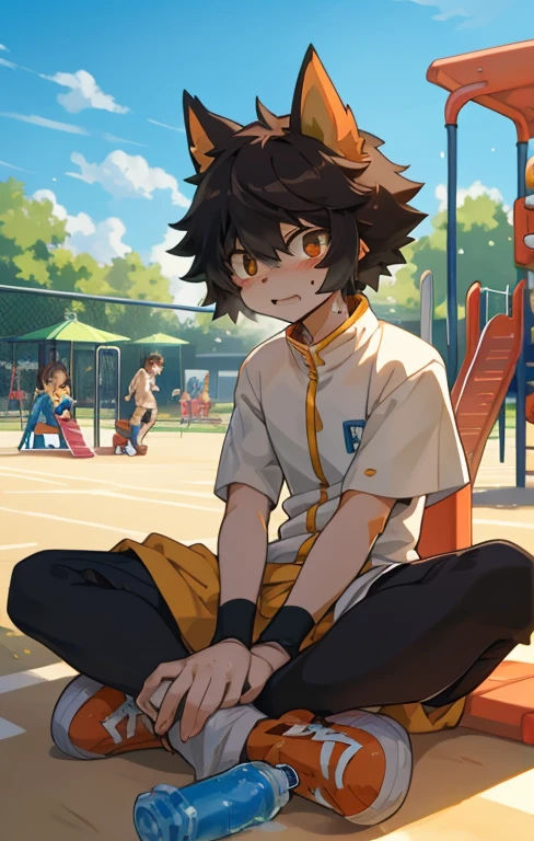Ouch，sit，masterpiece，On the playground，Anime style，4K HD style，Looking at the audience，Face，Open your legs，Sweating，Holding a water bottle