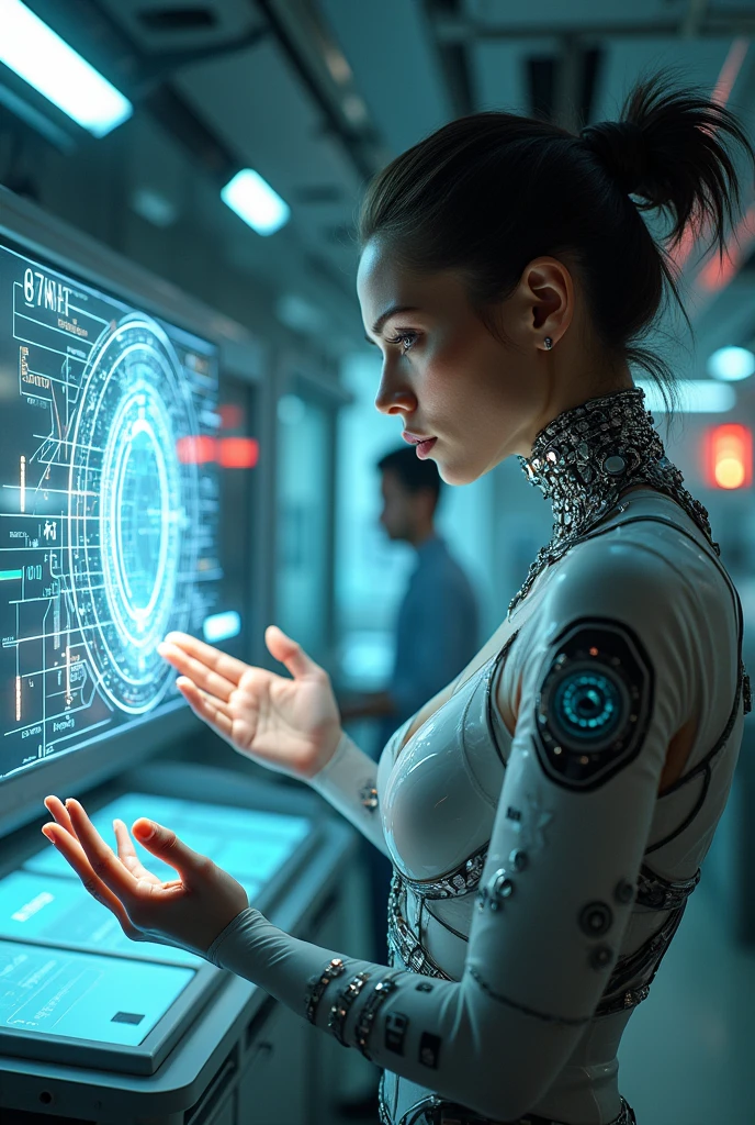 Female cyberpunk creating hologram with her hand and human controlling her in the background in a laboratory