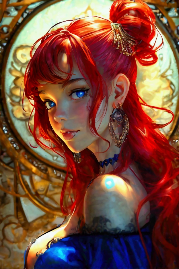 1girl, Dominican, Smile, Long Hair, Breasts, Blue eyes, Hair Between Eyes, Ponytail, Earrings, POV, Abstract, Art Deco, Award Winning, Quality, UHD, Brown Hair, long red boots, Crescent Earrings, Saliva, Drooling, Dutch Angle, Hair Ornament, Depth Of Field, Emphasis Lines, Chromatic Aberration, 3D Rendering, full body view