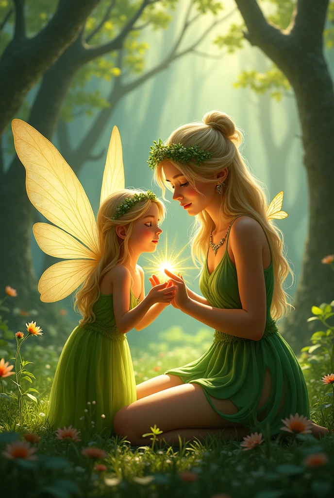 Elara using a glowing, magical herb to heal Liora’s wing, with a warm, healing light enveloping them. 16 :9 with green dress and little fairy