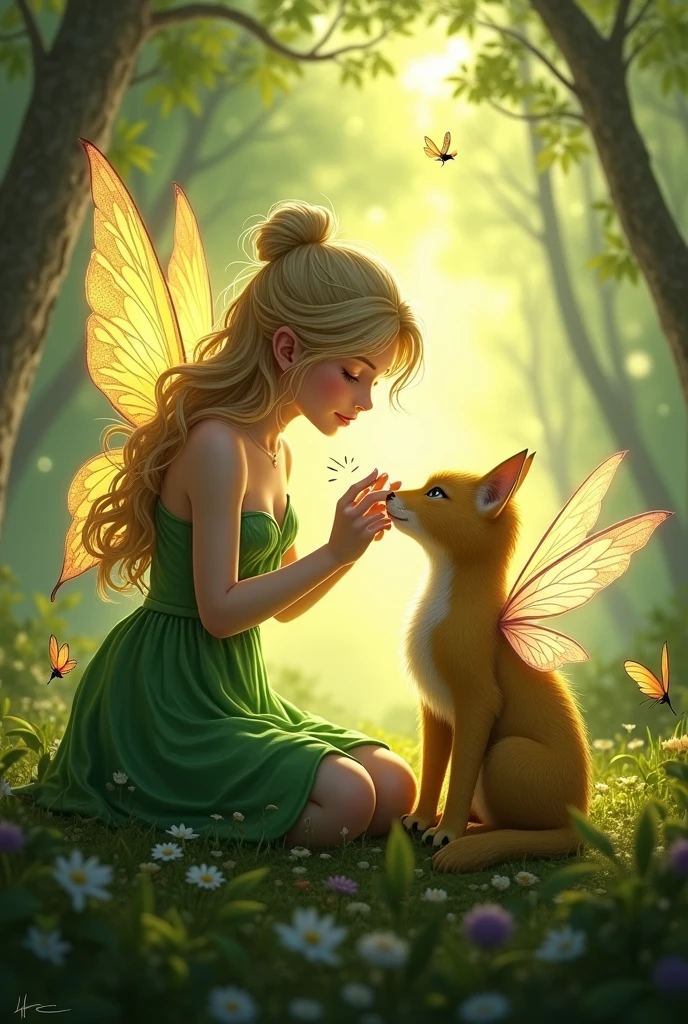 Elara using a glowing, magical herb to heal Liora’s wing, with a warm, healing light enveloping them. 16 :9 with green dress and little fairy