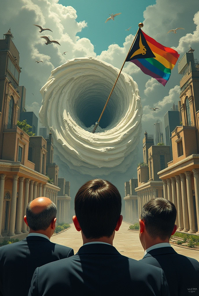 Create an image of Brasília-DF being sucked into an abyss on the ground while politicians laugh while looking and holding an LGBT flag