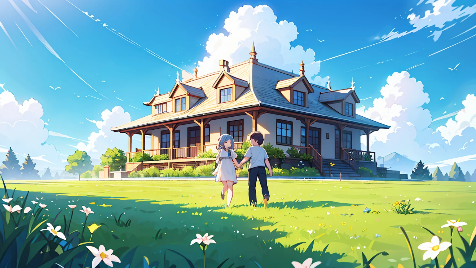 (Masterpiece, highest quality),Create an image of a couple holding hands, walking up a set of stairs towards a beautiful blue sky with fluffy clouds. The scene conveys a sense of romance and connection, integrated into the sky as if part of the cloudscape. The ground is covered with lush green grass and dotted with white flowers, enhancing the dreamy and serene atmosphere.Upper body
 