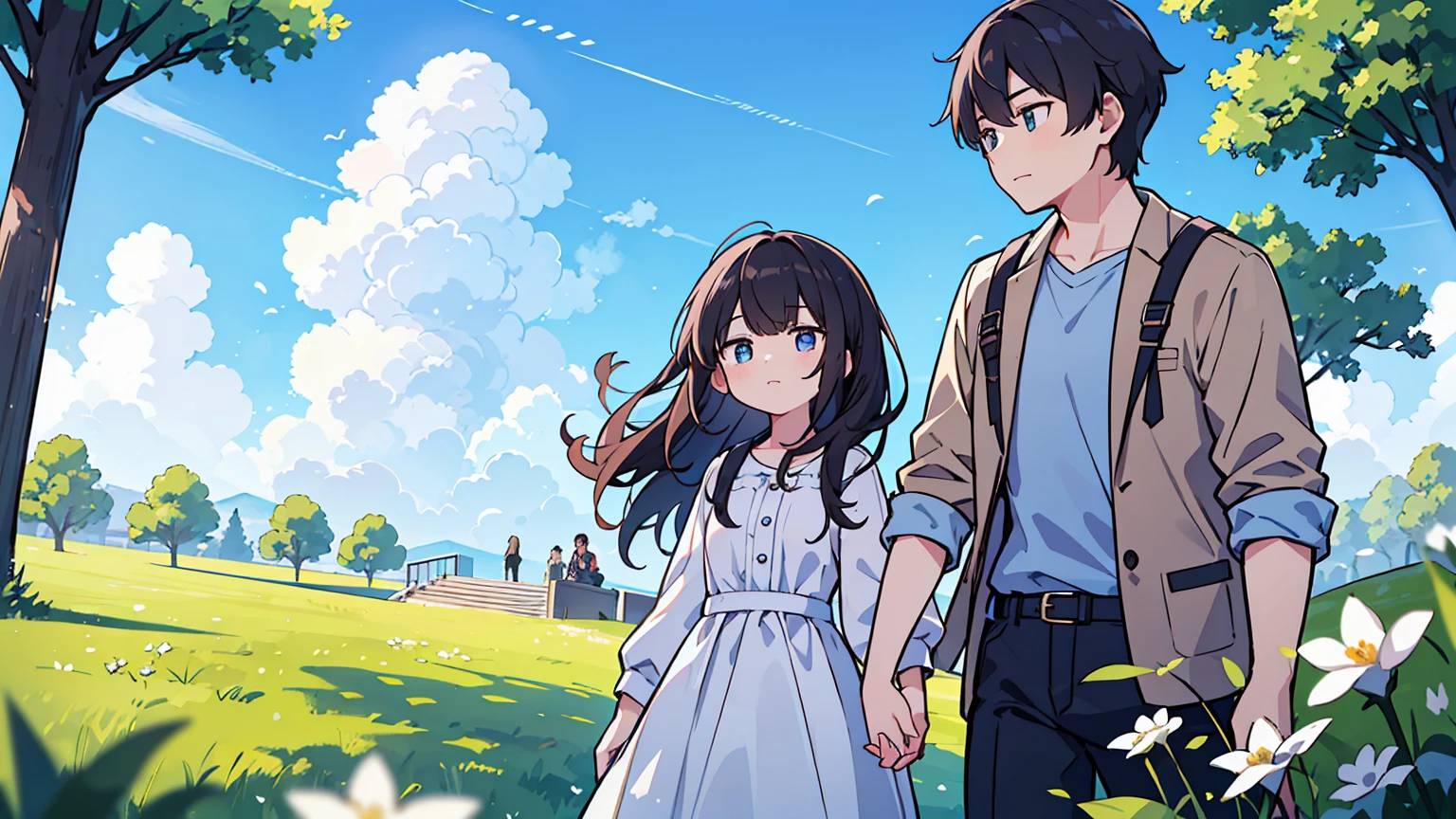 (Masterpiece, highest quality),Create an image of a couple holding hands, walking up a set of stairs towards a beautiful blue sky with fluffy clouds. The scene conveys a sense of romance and connection, integrated into the sky as if part of the cloudscape. The ground is covered with lush green grass and dotted with white flowers, enhancing the dreamy and serene atmosphere.Upper body
 