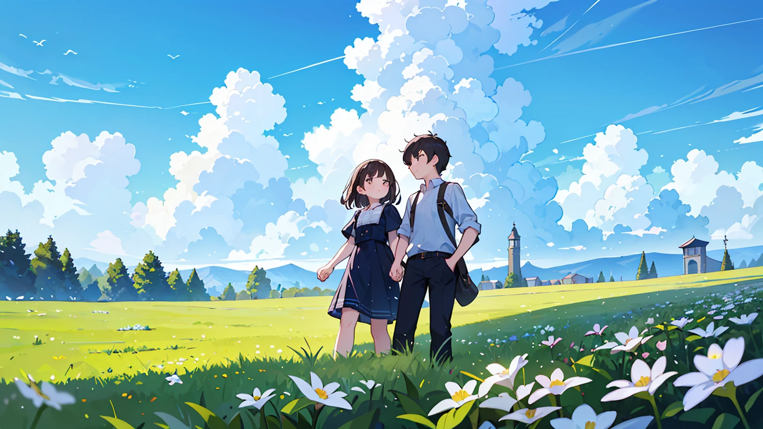 (Masterpiece, highest quality),Create an image of a couple holding hands, walking up a set of stairs towards a beautiful blue sky with fluffy clouds. The scene conveys a sense of romance and connection, integrated into the sky as if part of the cloudscape. The ground is covered with lush green grass and dotted with white flowers, enhancing the dreamy and serene atmosphere.Upper body
 